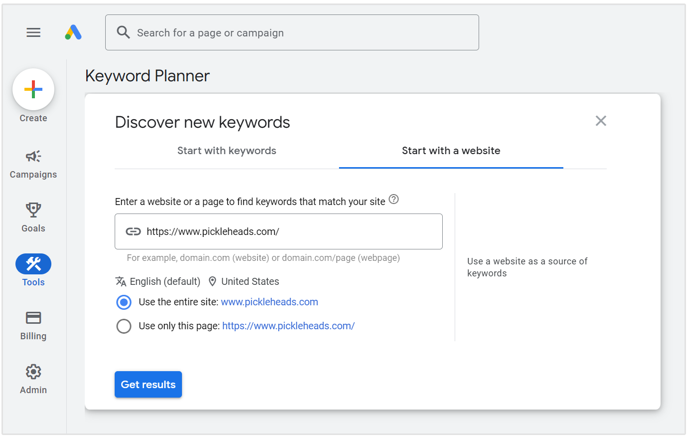 tambahkan website ke google keyword planner